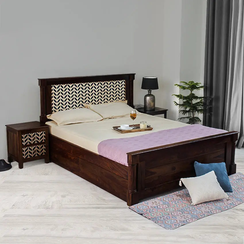 Raison Hand Painted Solid Wood Bed with Storage