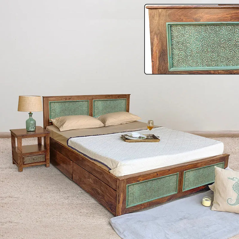 Aster Solid Sheesham Wood Bed with Drawers Storage