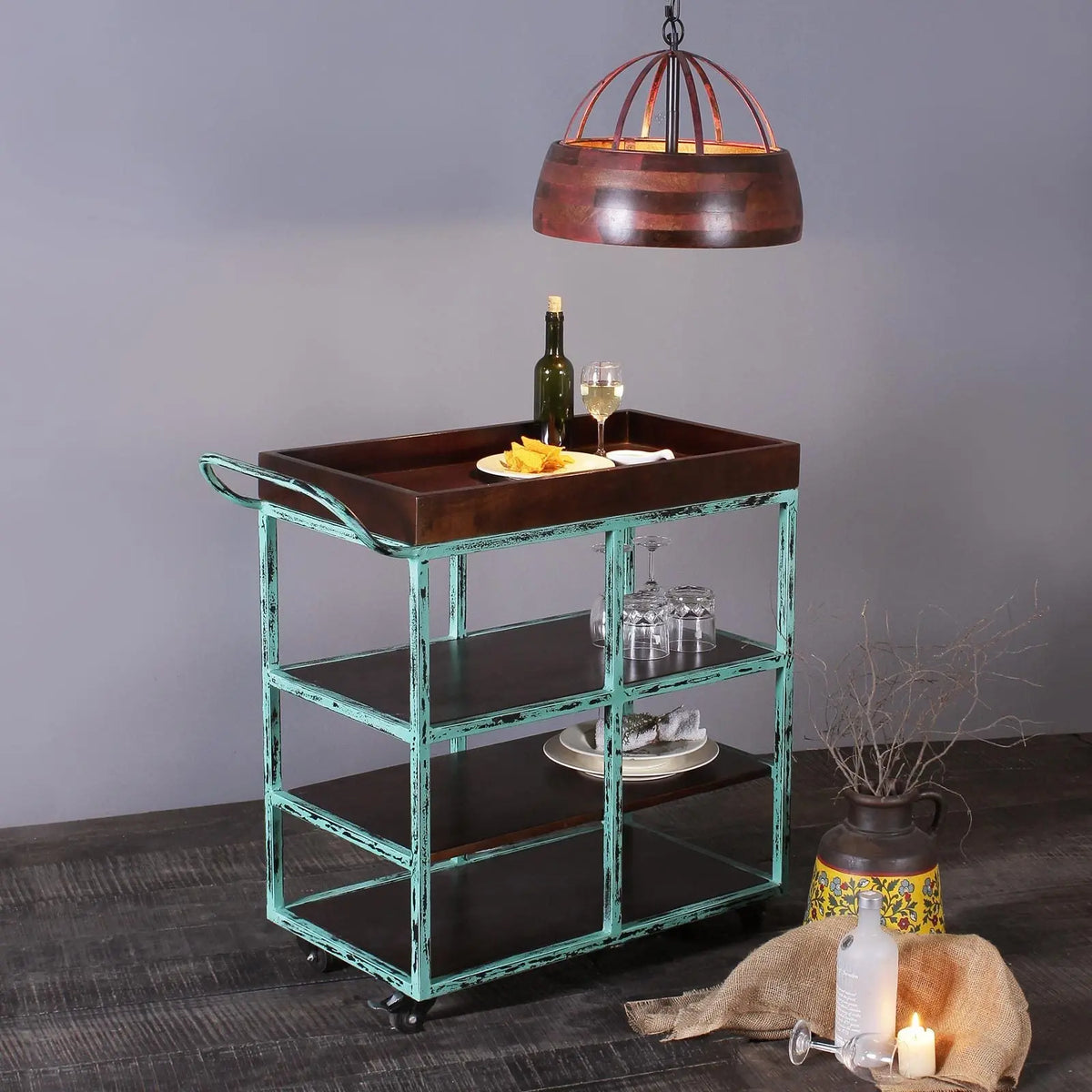 Salome Solid Wood and Iron Bar Trolly in Distress Finish