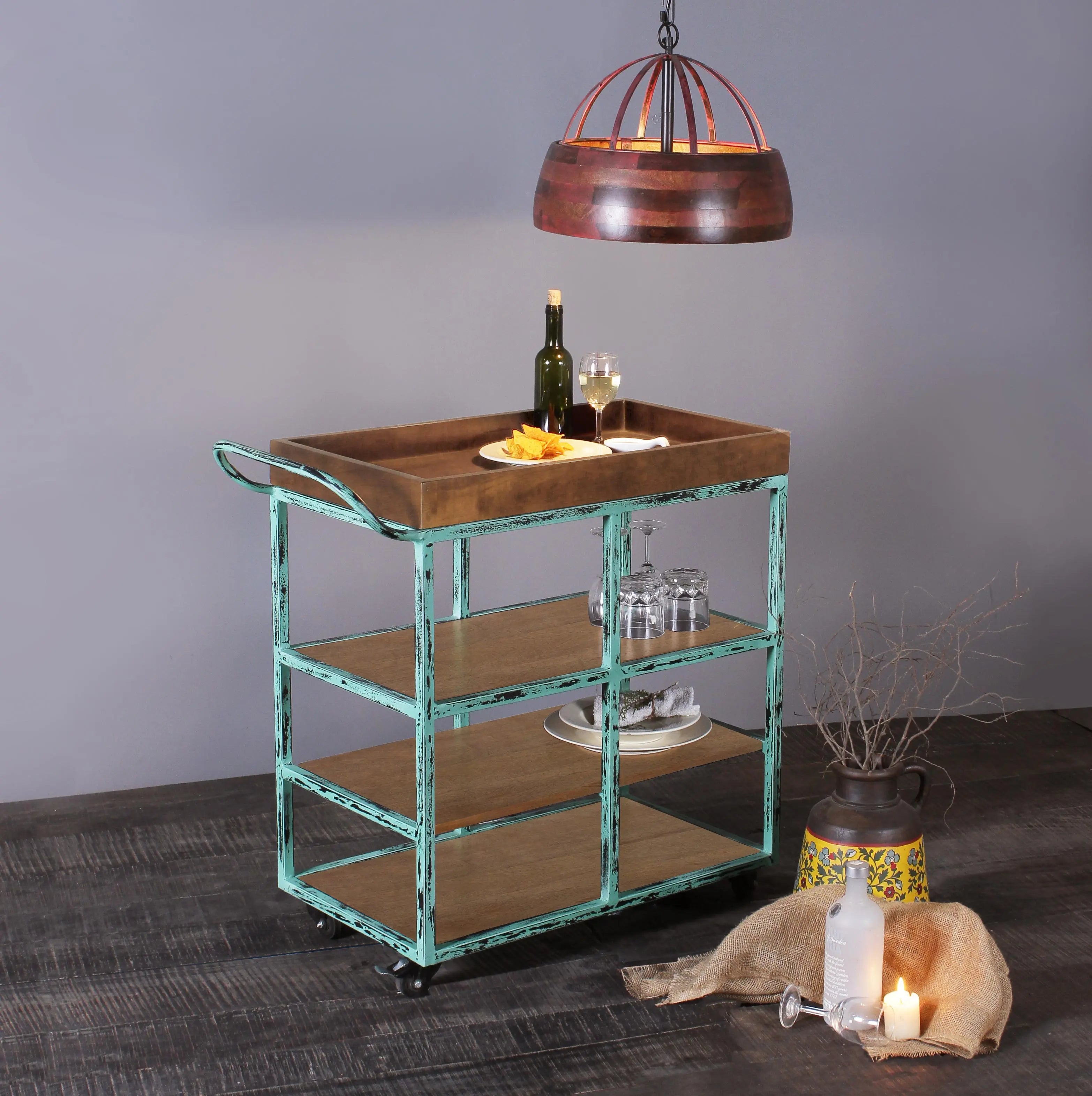 Salome Solid Wood and Iron Bar Trolly in Distress Finish