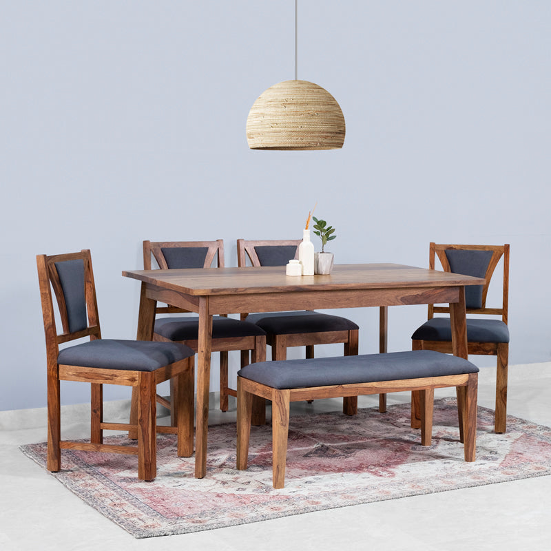 Emilio Sheesham Wood 6 Seater Dining Table with Chairs & Bench