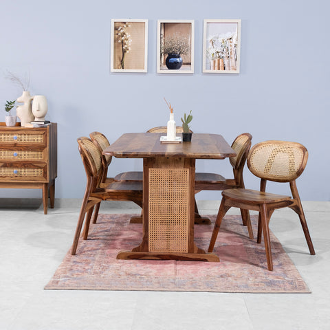 Lucas Rattan Sheesham Wood 6 Seater Dining Table with Chairs