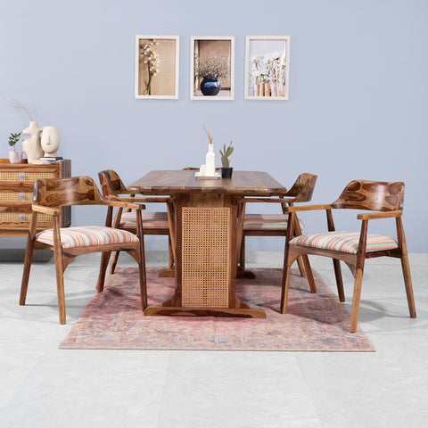 Diego Rattan Sheesham 6 Seater Dining Table with Chairs