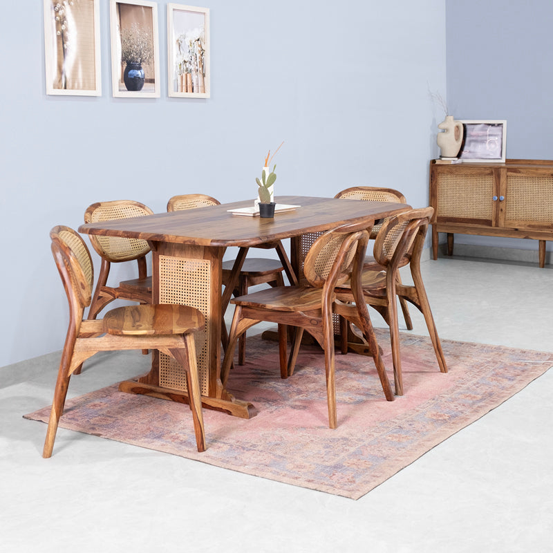 Lucas Rattan Sheesham Wood 6 Seater Dining Table