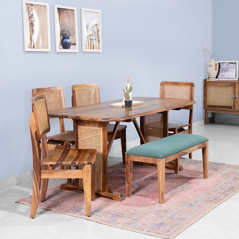 Elena Sheesham Wood Rattn 6 Seater Dining Table with 4 Chairs and 1 Bench