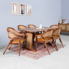 Dainius Sheesham Wood Rattn 6 Seater Dining Table with 6 Chairs