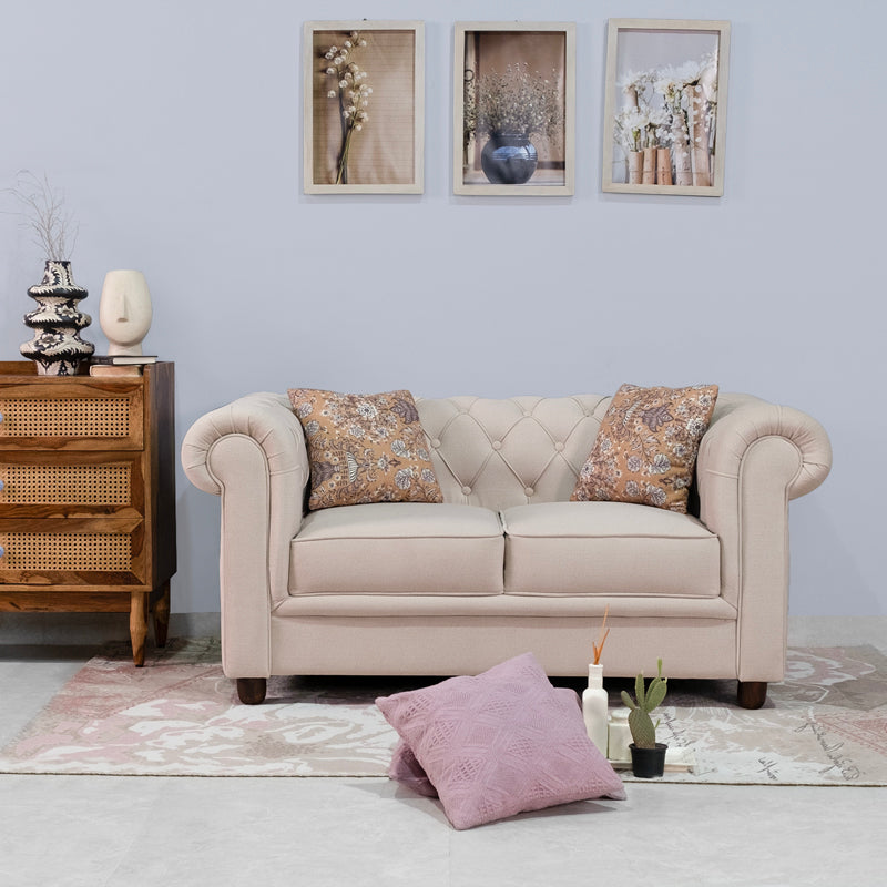 Grace Chesterfield 2 Seater Sofa in Premium Polyester Fabric in Ivory Colour