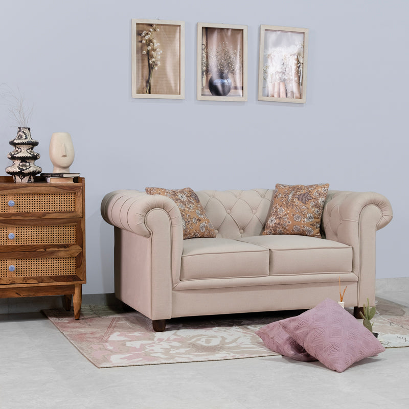 Grace Chesterfield 2 Seater Sofa in Premium Polyester Fabric in Ivory Colour