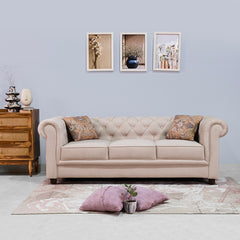 Grace Chesterfield 3 Seater Sofa in Premium Polyester Fabric in Ivory Colour